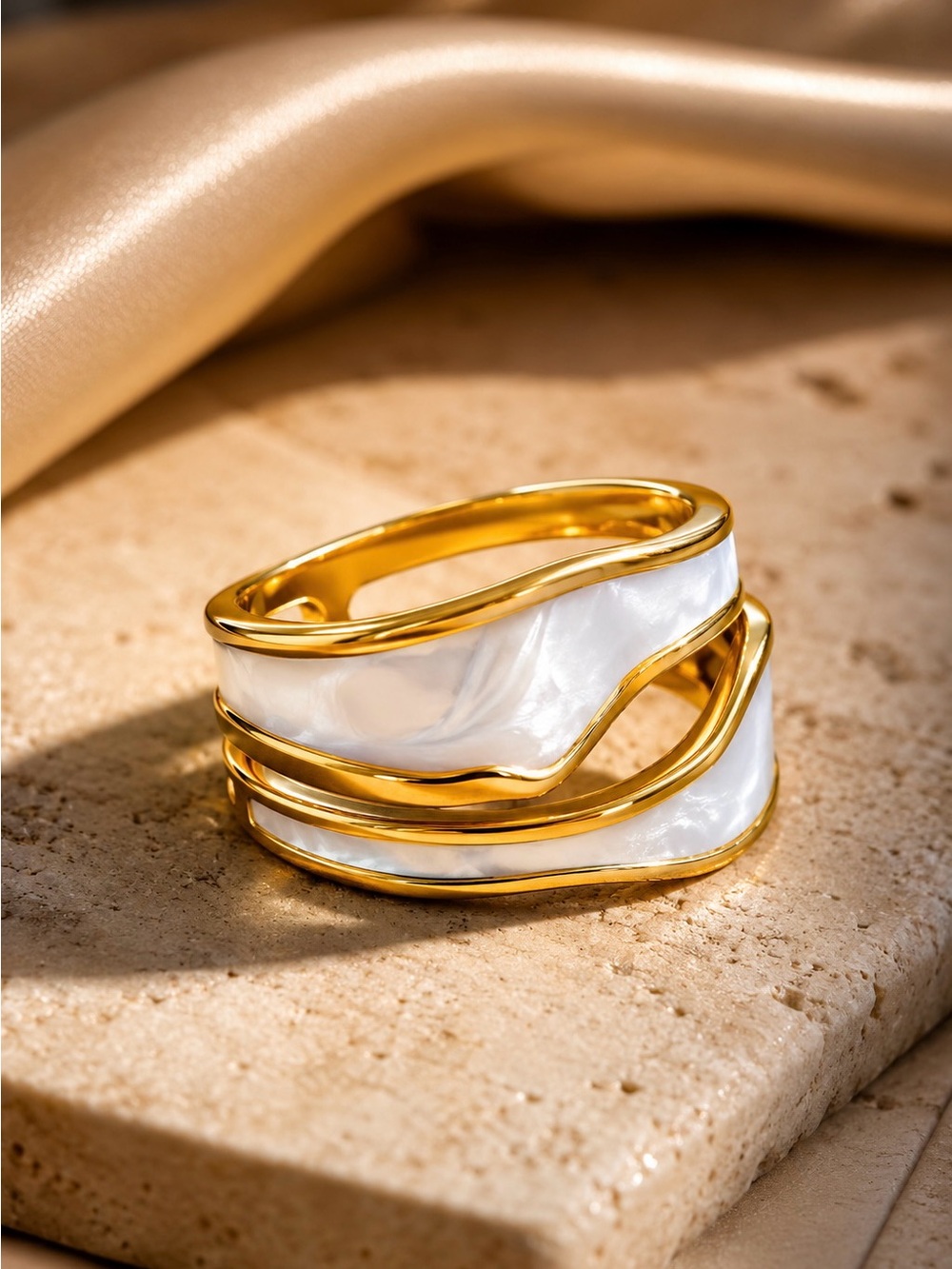 Gold-Tone Ring With White Marbled Inlay